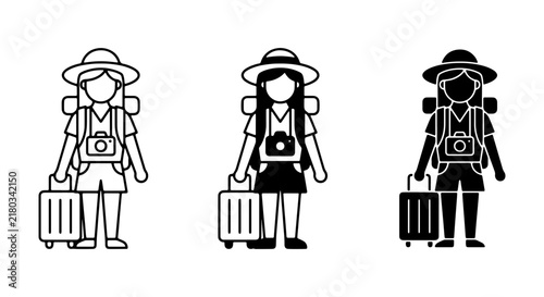 Принти на полотні Traveler Icons Set: Female Tourist Characters with Luggage, Camera, and Hat, Vec