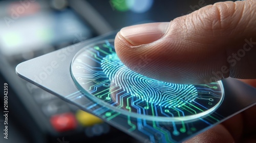 Fingerprint biometrics scan on transparent digital security card.