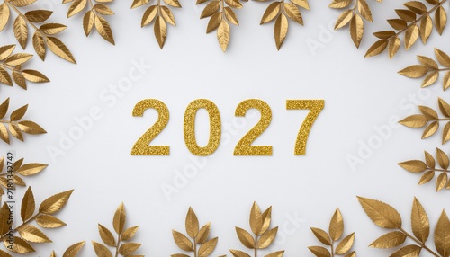 2027 Year Written In Gold Glitter With Golden Leaves Frame.
