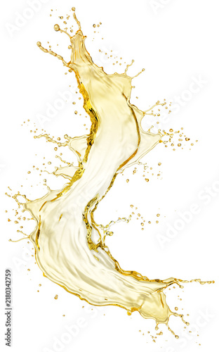Golden oil splash isolated on white background. 3D illustration of premium luxury cosmetic liquid serum or gold essential oil.