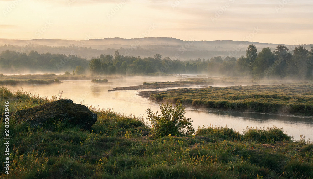 Obraz premium Misty river winding through grassy wetlands at sunrise with distant forested hills