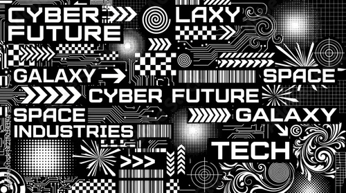 Futuristic cyber space galaxy background with abstract geometric patterns and tech typography in black and white