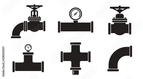 Set of industrial pipeline valve and pressure gauge icons in black silhouette on white background