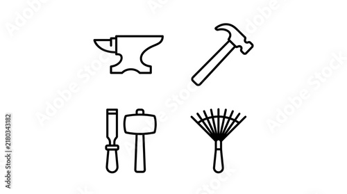 Set of blacksmith and hand tool line icons including anvil hammer chisel mallet and rake on white background