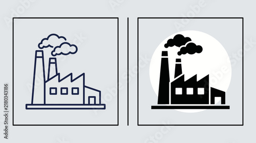 Industrial factory icons with smoking chimneys representing manufacturing pollution and industry emissions
