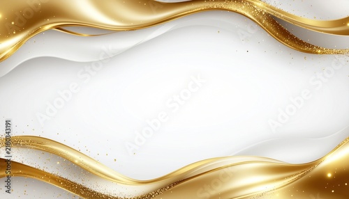 Elegant Abstract Golden Waves Background with Glittering Particles.