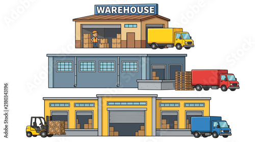 Logistics warehouse buildings with loading docks, forklifts and cargo trucks for shipping and distribution concept illustration