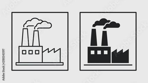 Industrial factory icons with chimneys and smoke pollution symbols in minimal black and white design