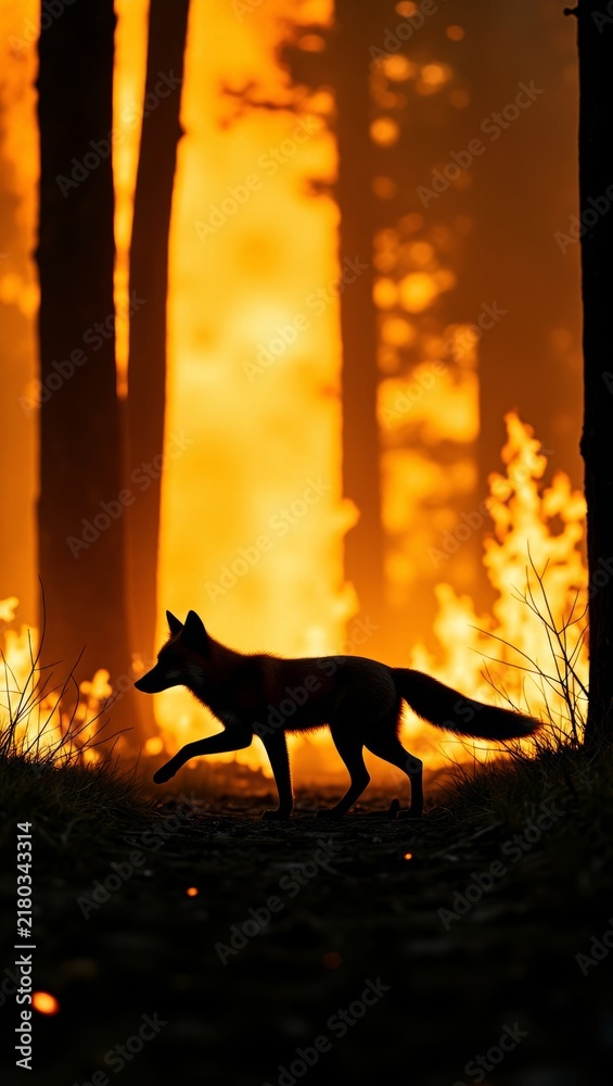 Obraz premium Fox running through burning forest during wildfire, embodying danger and survival against environmental disaster
