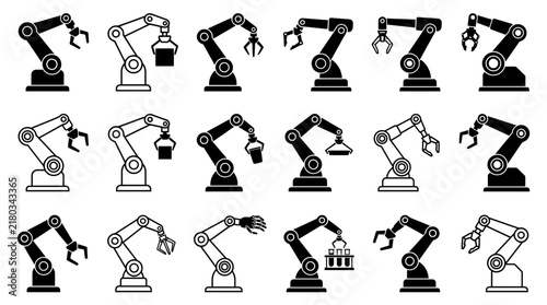 Set of industrial robotic arm icons in flat monochrome style for automation and manufacturing technology