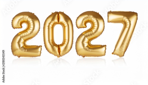 Gold balloon numbers 2027 representing the upcoming year.