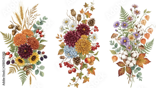 Set of three beautiful watercolor autumn flower arrangements featuring vibrant fall foliage dried leaves berries and seasonal floral botanical elements