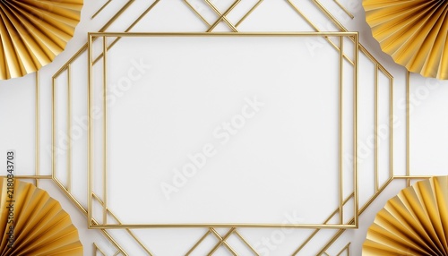 Luxury Gold Frame with Elegant Paper Fans Background.