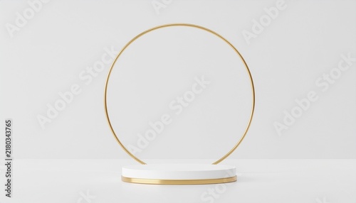 Minimalist White Product Display Podium with Gold Circular Frame.