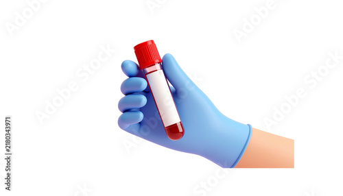 Gloved hand holding a medical blood sample vacuum tube with a blank white label isolated on a transparent background