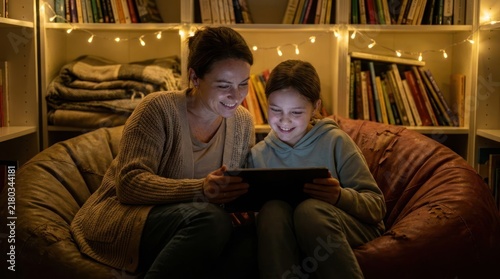 Mother and child reading on tablet in library.