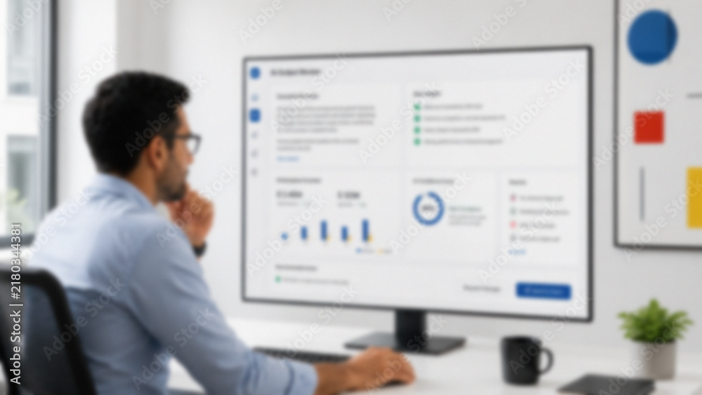 Fototapeta premium Blurred Employee Checking AI Output for Accuracy Before Sending to a Client.