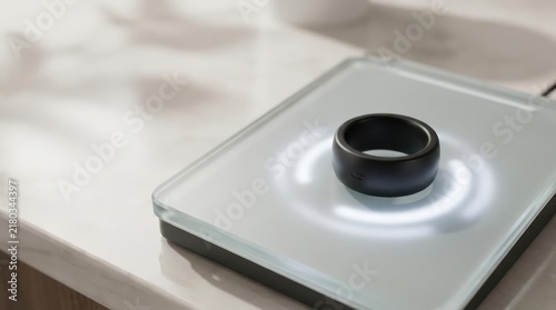 Smart ring device on glass wireless charging station.