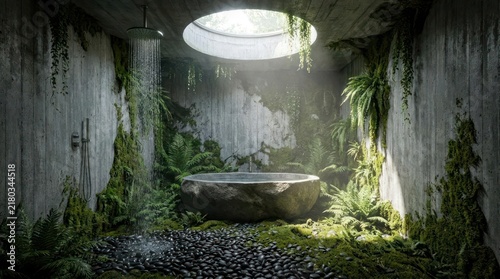 Stone bathtub in lush overgrown abandoned interior with skylight.