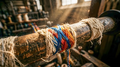Colorful Yarn Wrapped on Rustic Wooden Loom Spindle in Sunbeams