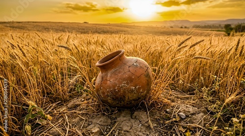 Cracked Clay Pot Sitting in Golden Wheat Field at Sunset