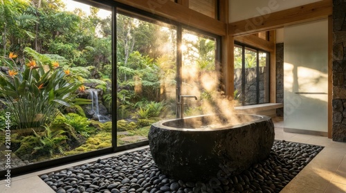 Stone bathtub with steam overlooking tropical garden spa.