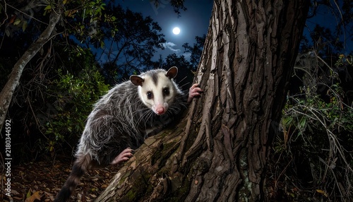 Close up of a raccoon in a forest at night.