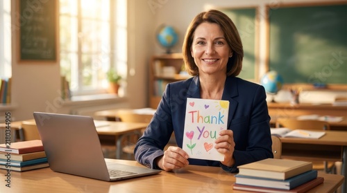 Teacher holding thank you card in school classroom.