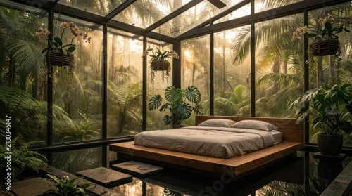 Tropical bedroom in glass greenhouse surrounded by jungle.
