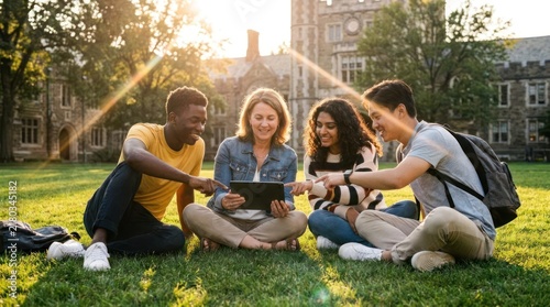 University students studying on grass before historic building.