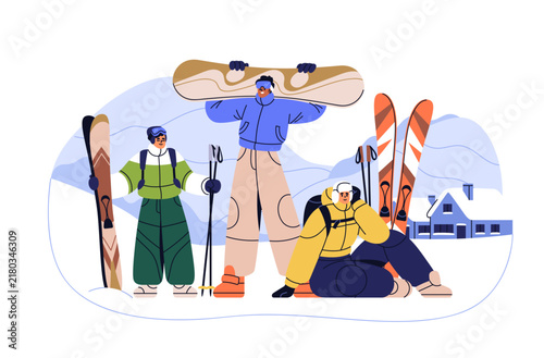 Family at mountain resort on winter holidays. Parents and kid with ski and sn...