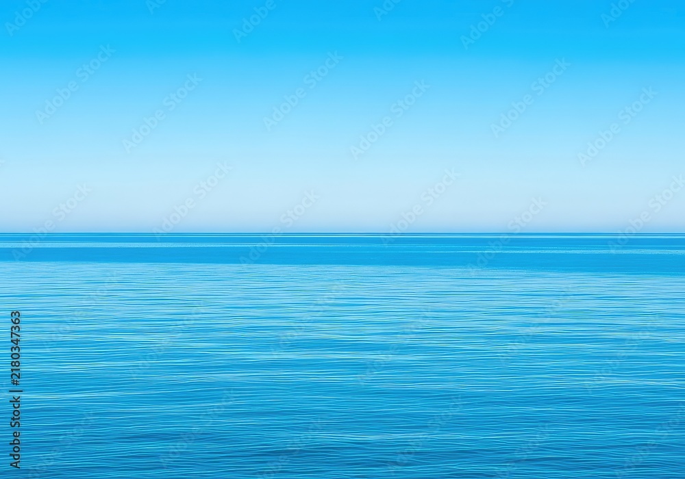 Fototapeta premium The vast blue ocean flows calmly towards a sharp horizon line under a cloudless sky, offering a tranquil and meditative natural scenery view, outdoors, simplicity, bright
