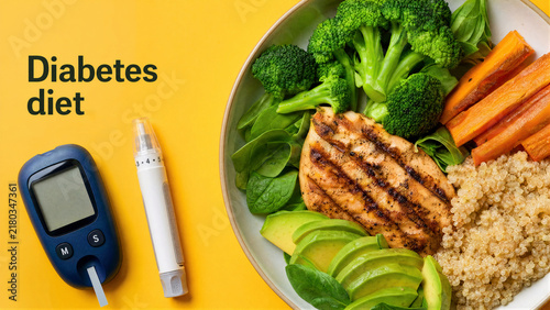 Diabetes diet concept with glucometer and insulin pen near plate of healthy food with grilled chicken breast, broccoli, carrot, avocado and quinoa on yellow