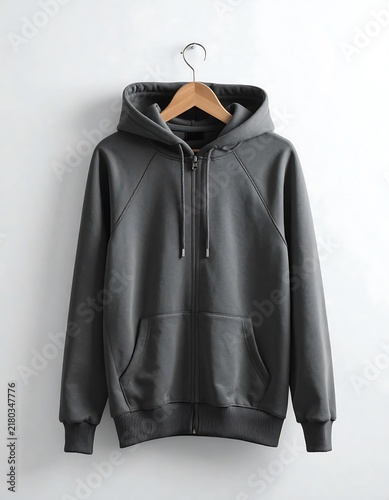 Gray hooded jacket with orange zipper hanging on hook.