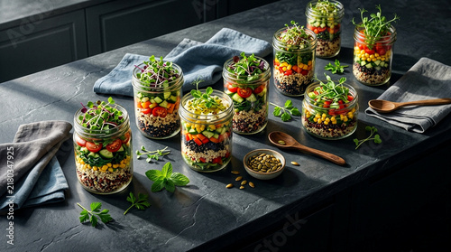 Fresh vegetable salad in glass jars on dark stone table for healthy meal prep catering