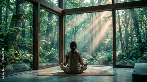 Woman meditating in lotus pose inside modern forest house with sun rays streaming through