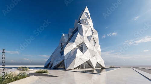 Modern geometric architectural building with reflective glass panels under clear sky
