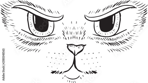 The image shows a graphic black and white template drawing of an angry or dissatisfied cat with narrowed eyes and whiskers.