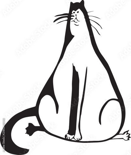 The image features a black and white graphic drawing of a stylized seated cat. The minimalist line art uses contrasting black and white fills.