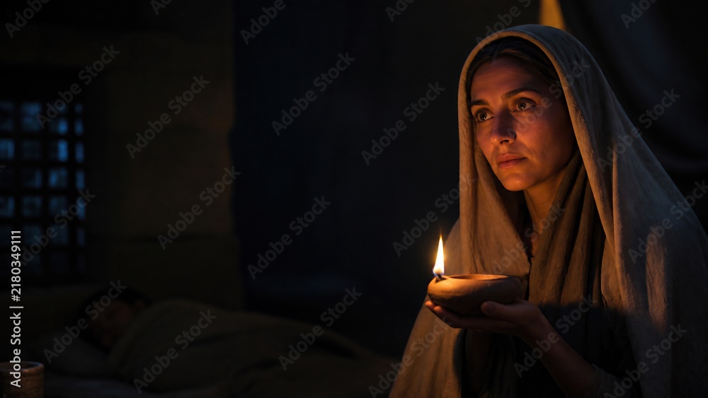 Fototapeta premium Woman in headscarf holding oil lamp praying at night in ancient biblical house. Faith and trust in God, divine protection and refuge concept. Psalm 90 theme, prayer, hope and spiritual devotion.