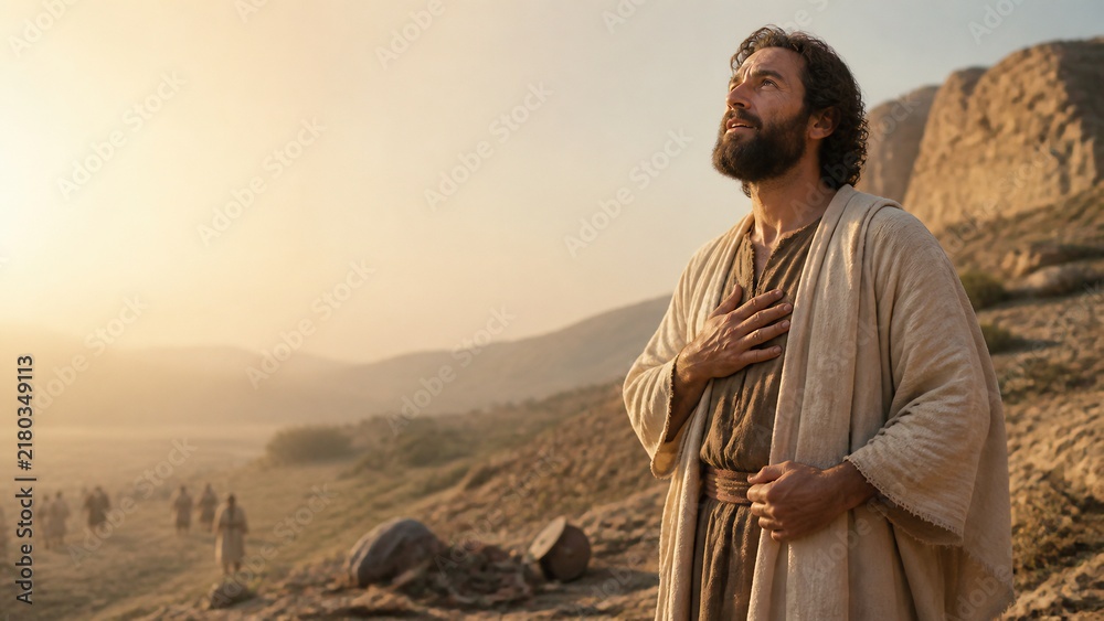 Fototapeta premium Bearded man in biblical robe praying with hand on chest in desert at sunset. Faith and trust in God, divine protection and refuge of the Most High. Psalm 90 concept for Christian worship and religion.
