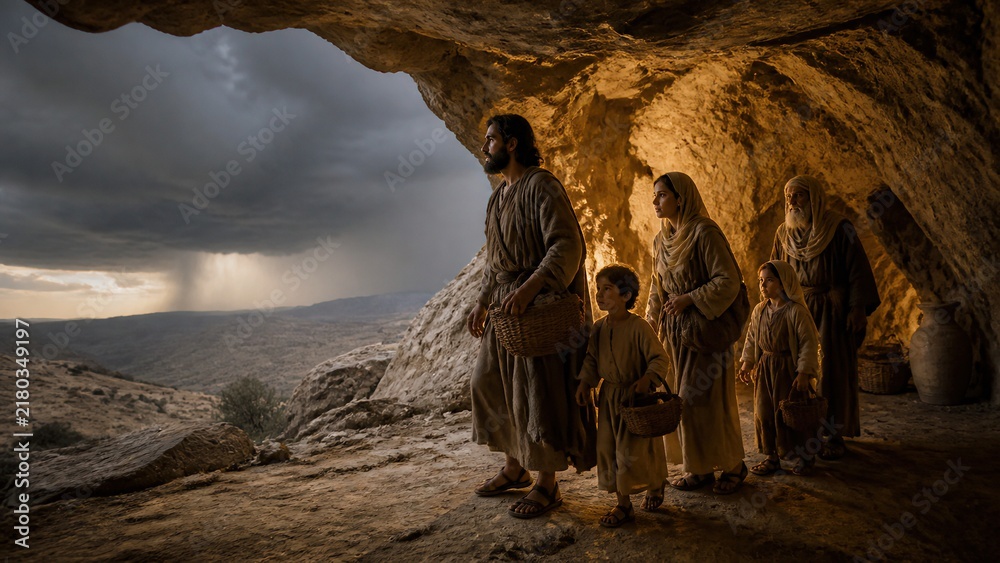 Fototapeta premium Biblical family with man woman and children standing in cave refuge under almighty protection. God shelter and faith concept from Psalm