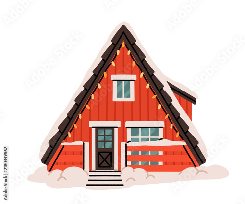 A-frame cabin house illustration with string lights, snow and staircase for christmas and holiday decor. Flat cartoon hand drawn vector illustration.