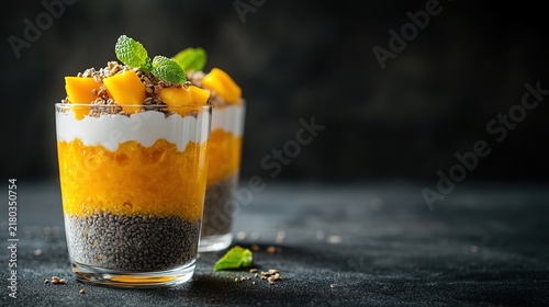 Chia seed pudding topped with mango slices and granola served in glass cups on dark surface with granola garnish transparent pudding layered plant based preparation nutritious