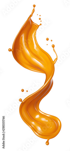 Caramel sauce, Liquid syrup splash, sugar candy caramel or melted toffee, 3d illustration.