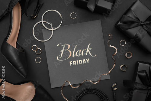 Card with text BLACK FRIDAY, stylish female shoes, accessories and gifts on d...