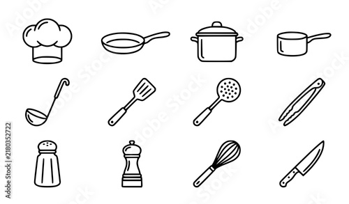 Cooking Utensils Set, Line Art Icons, Kitchenware Design, Culinary Illustration