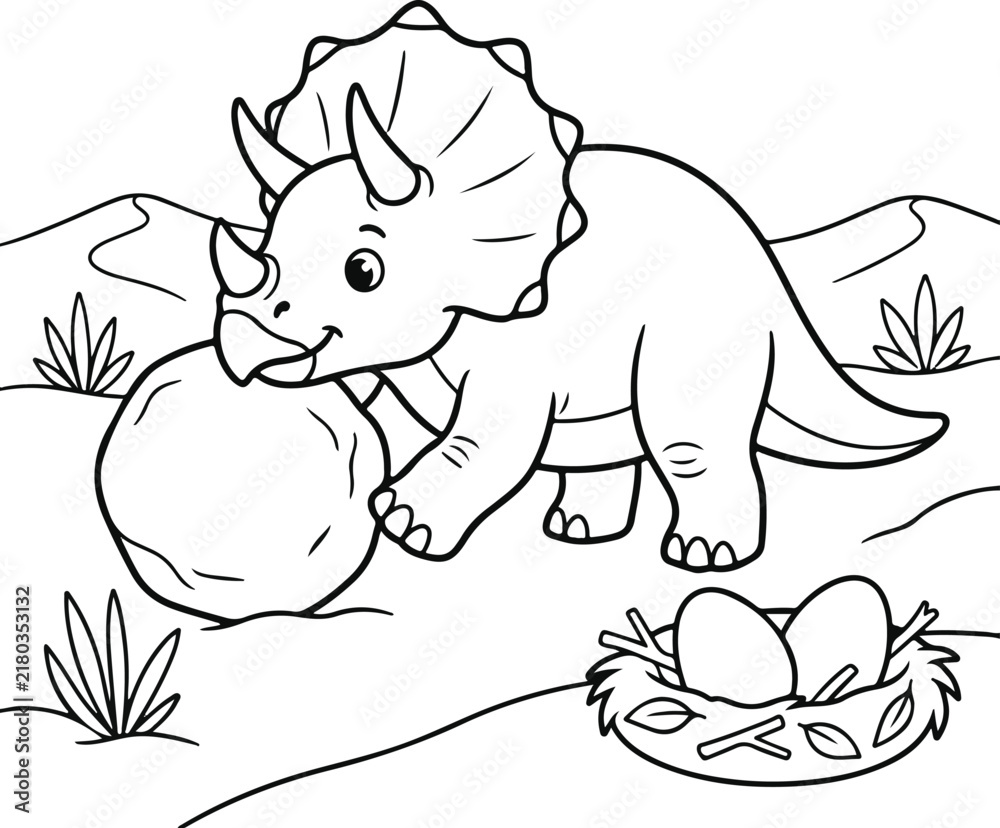 Obraz premium Cute cartoon triceratops dinosaur playing with a ball near a nest with eggs