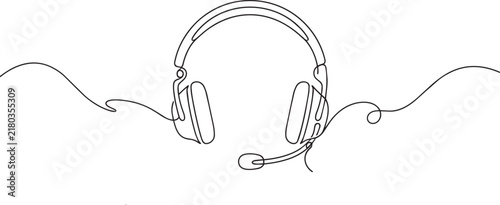 Single continuous line of gaming headphones with a microphone on a clean white background, for audio and, tech branding