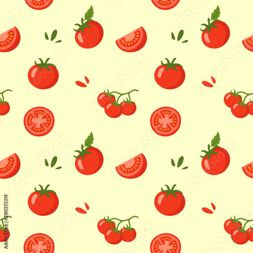 Seamless pattern with fresh red tomatoes on a light yellow background